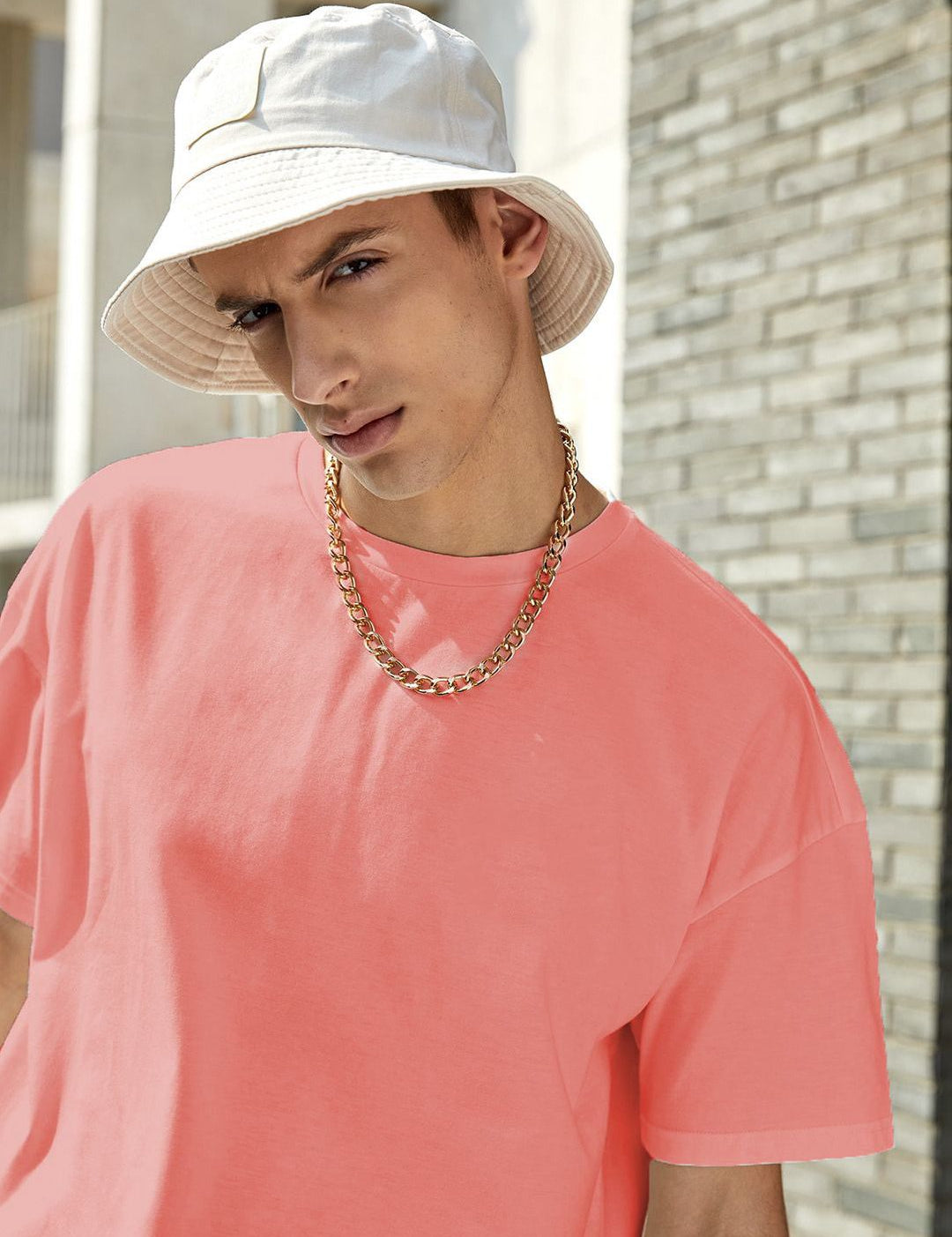 Kotty Pink Drop-Shoulder Sleeves Oversized Cotton Casual T-Shirt