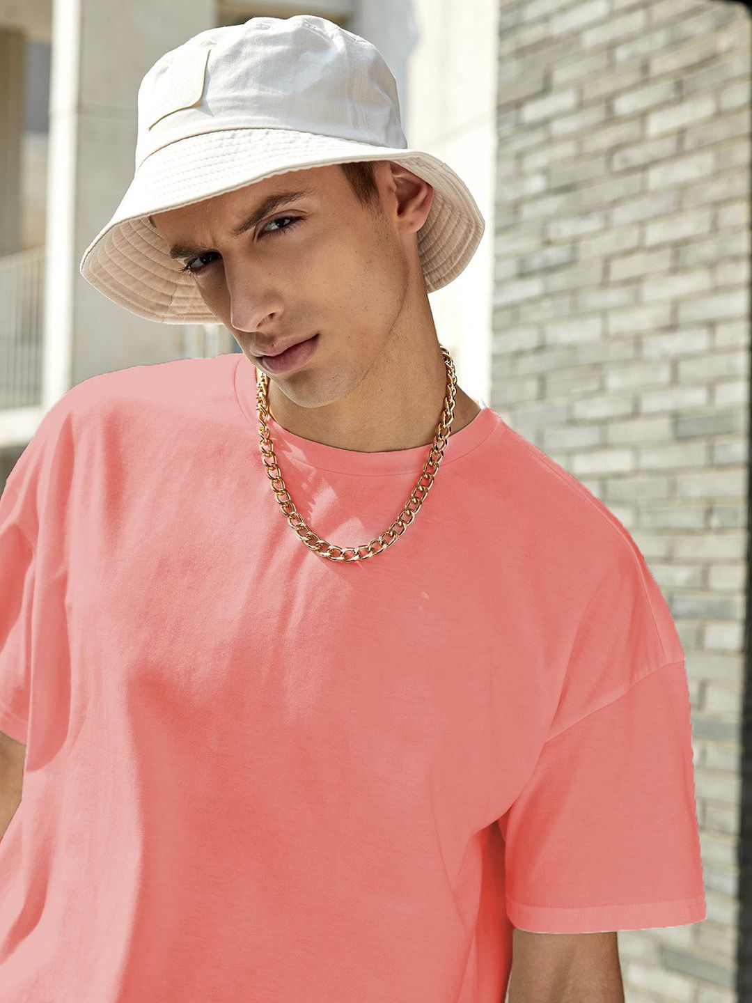 Kotty Pink Drop-Shoulder Sleeves Oversized Cotton Casual T-Shirt