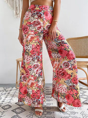 Kotty Women Pink Floral Printed Relaxed Flared High-Rise Easy Wash Trousers