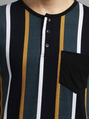 Kotty Men Grey & Black Striped Round Neck T-shirt