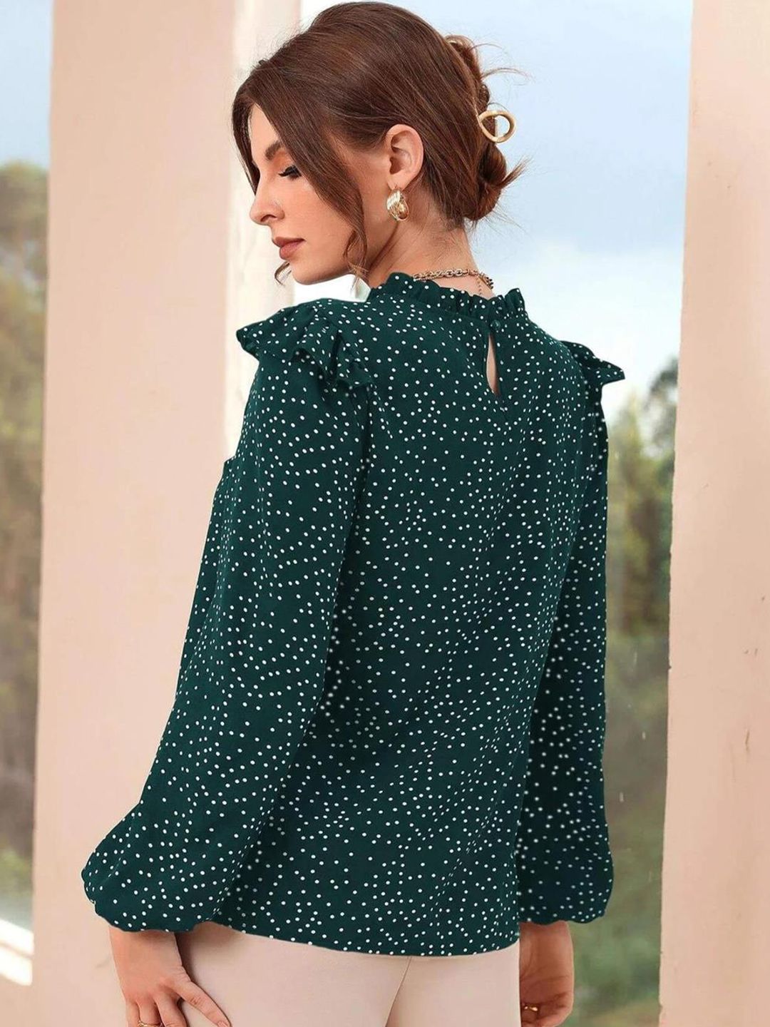 Kotty Polka Dot Print Puff Sleeve Ruffles Crepe Top