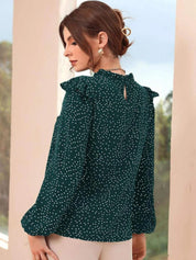 Kotty Polka Dot Print Puff Sleeve Ruffles Crepe Top