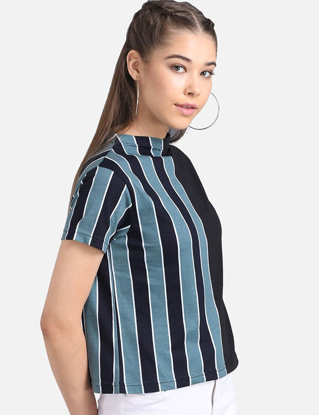 Kotty Women Black & Blue Striped Pure Cotton Top