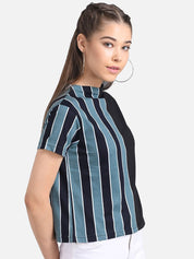 Kotty Women Black & Blue Striped Pure Cotton Top