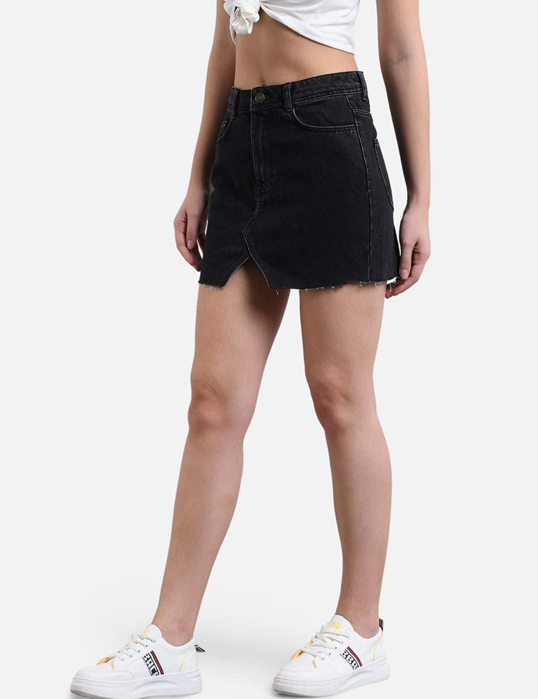 Kotty Women Black Solid Denim Straight Mini Skirt