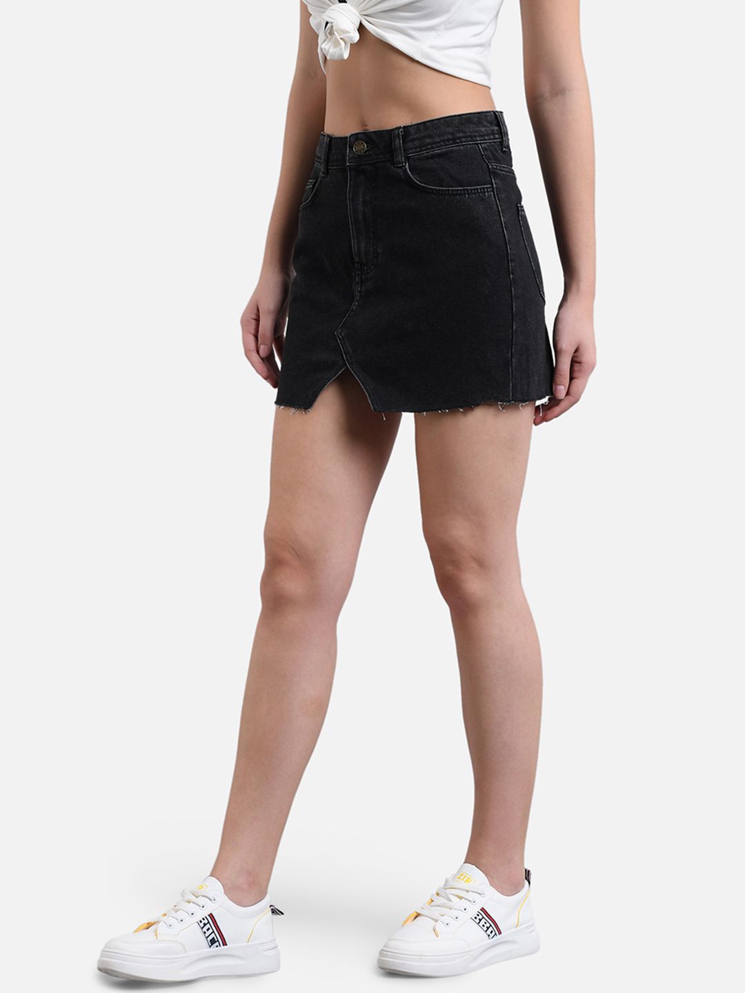 Kotty Women Black Solid Denim Straight Mini Skirt