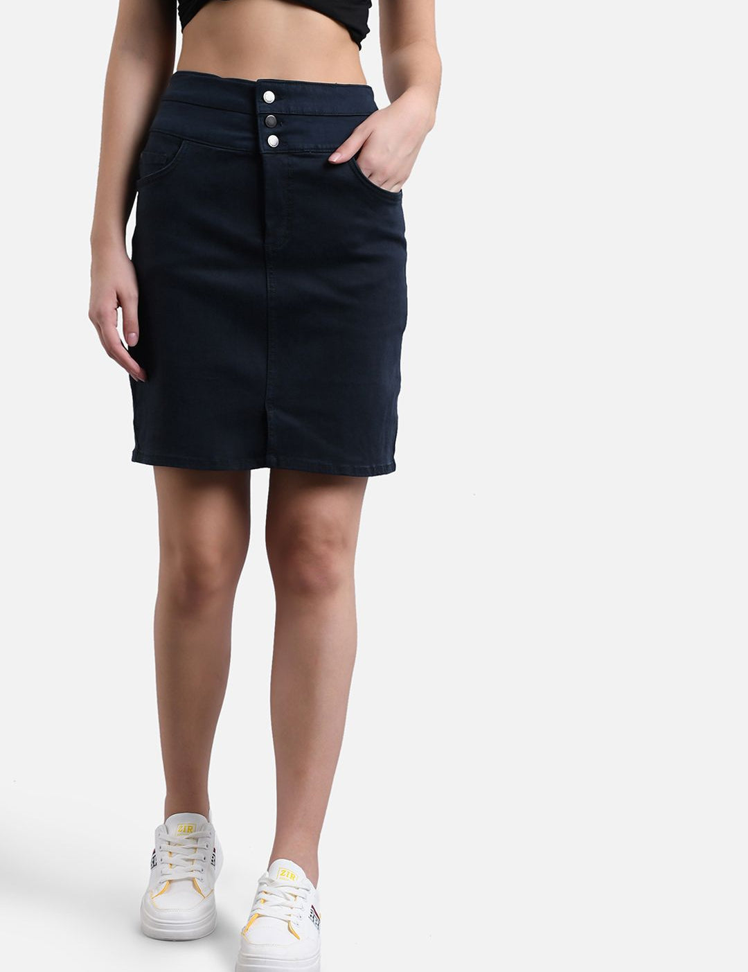 Kotty Women Navy Blue Solid Denim Straight Mini Skirt