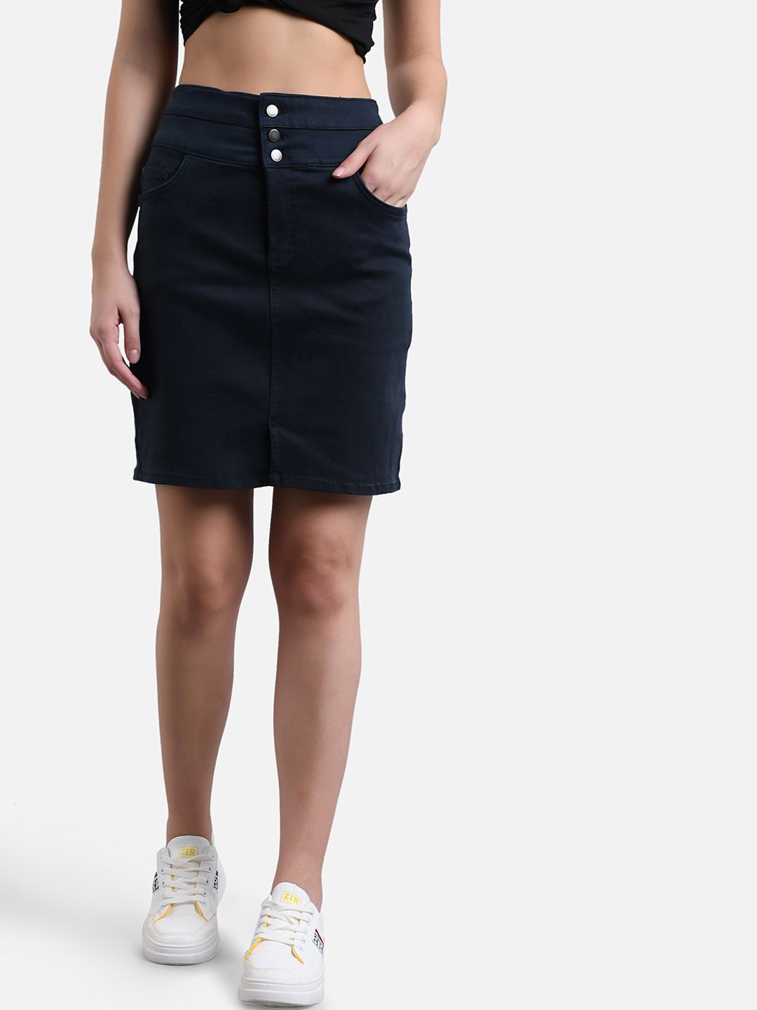 Kotty Women Navy Blue Solid Denim Straight Mini Skirt