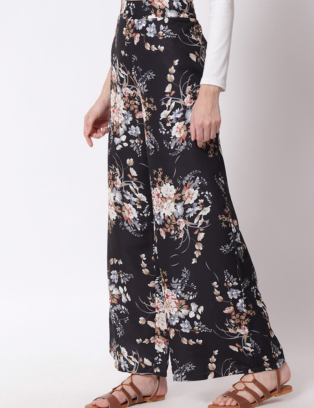 Kotty Women Black Floral Printed Relaxed Flared High-Rise Easy Wash Trousers