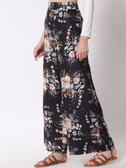 Kotty Women Black Floral Printed Relaxed Flared High-Rise Easy Wash Trousers
