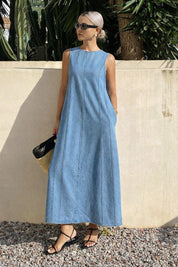 Kotty Women's Blue Denim Maxi Dress Sleeveless Casual Summer