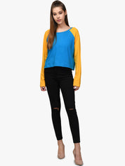 Kotty Women Blue & Yellow Colourblocked Round Neck T-shirt
