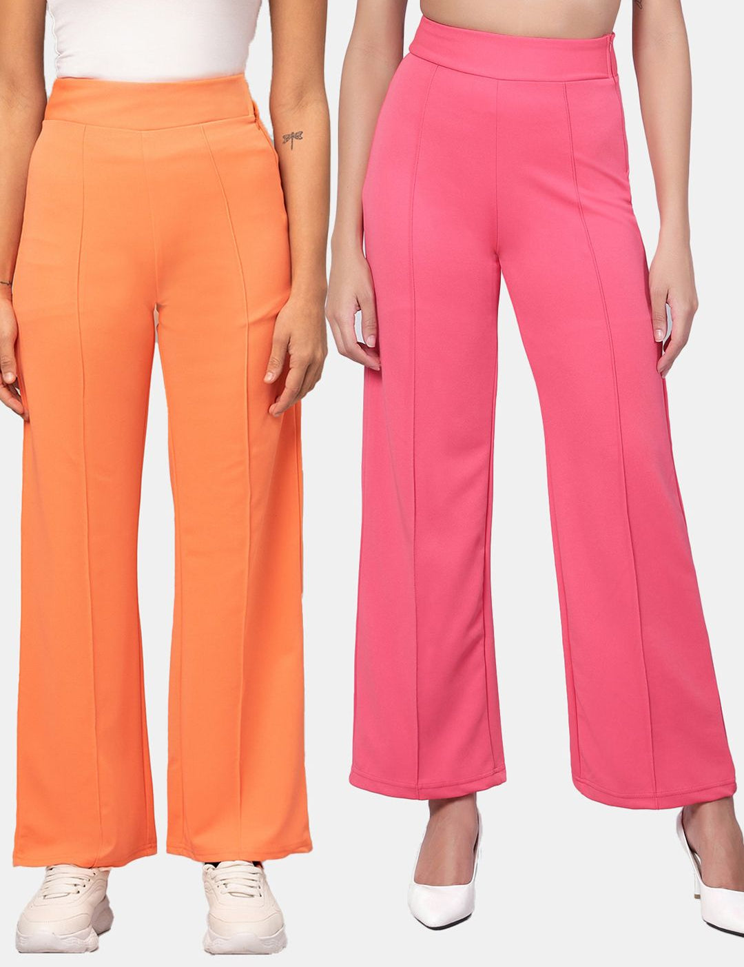 Kotty Women Pack Of 2 Relaxed Straight Leg High-Rise Easy Wash Parallel Trousers