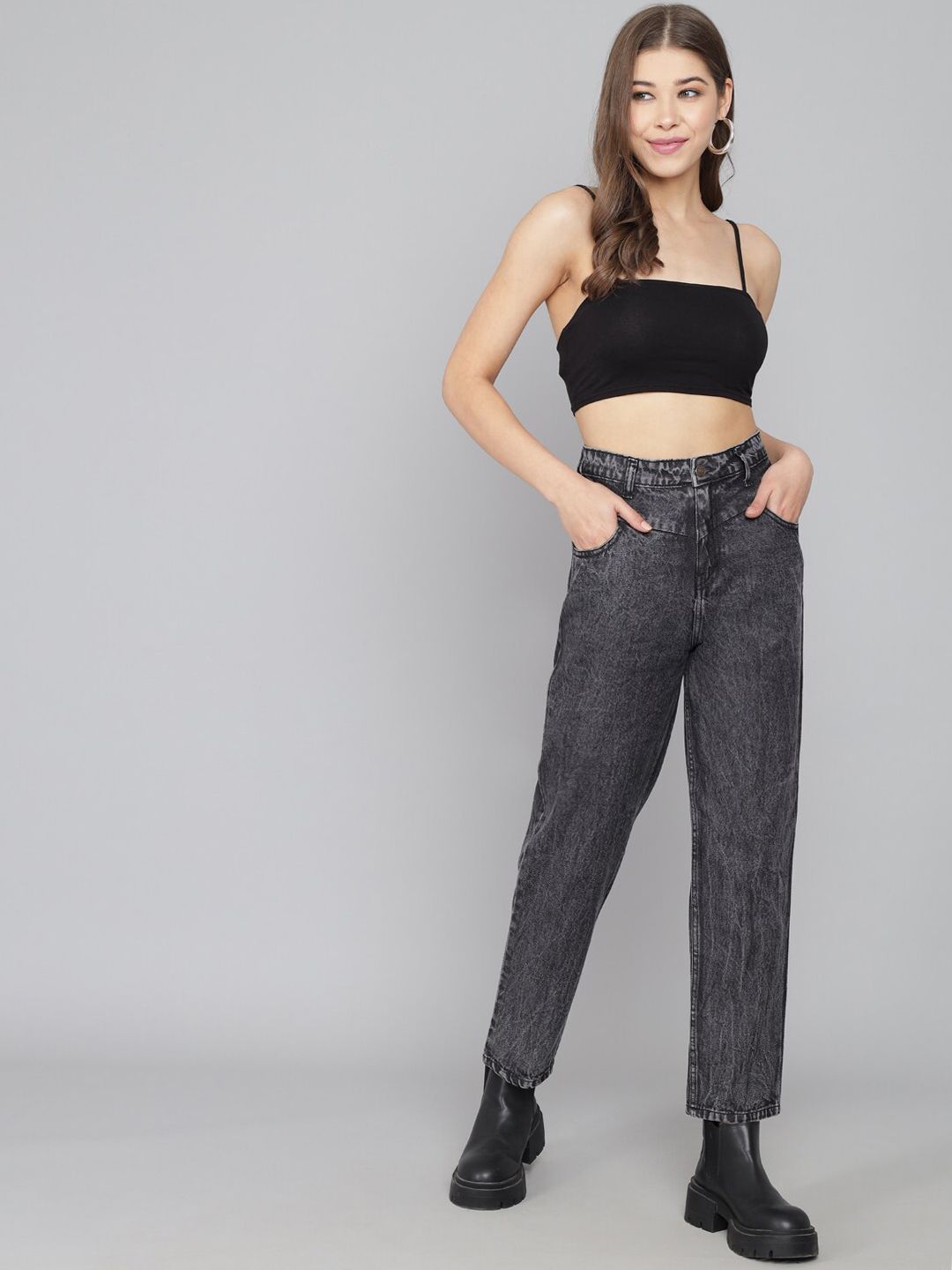 Kotty Women Black High-Rise Heavy Fade Acid Wash Non Stretchable Jeans