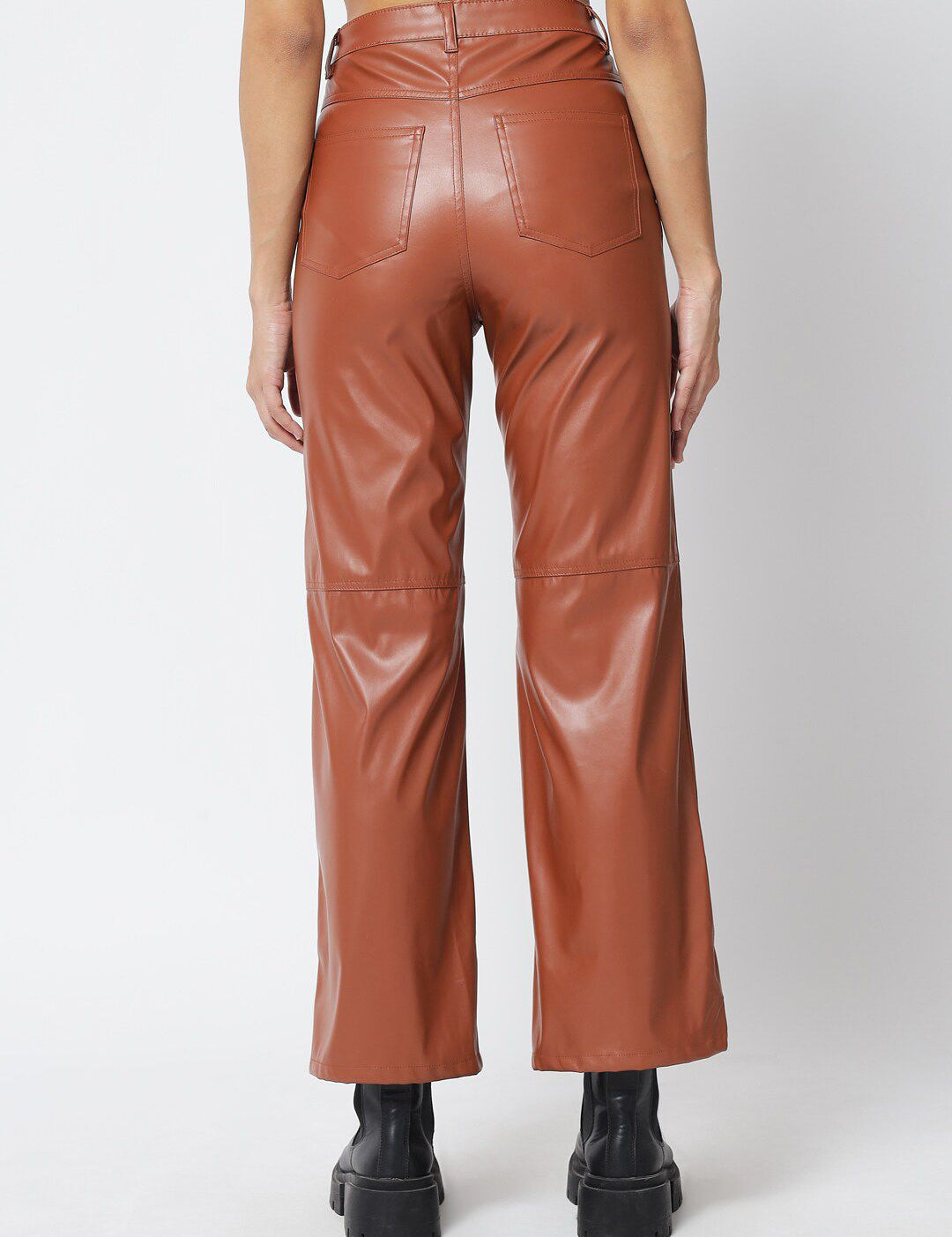 Kotty Women Brown Solid Relaxed Straight Fit Leather Trousers