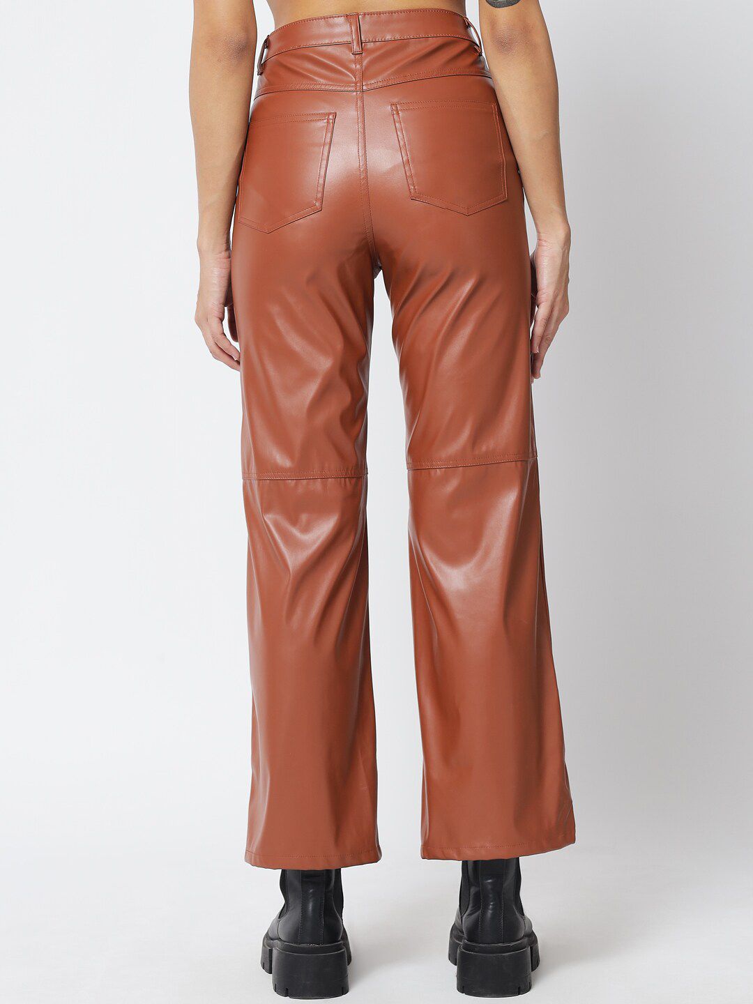 Kotty Women Brown Solid Relaxed Straight Fit Leather Trousers