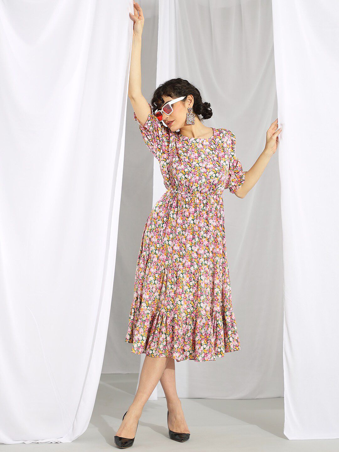 Kotty Pink Floral Printed Flared Sleeves Fit & Flare Midi Dress