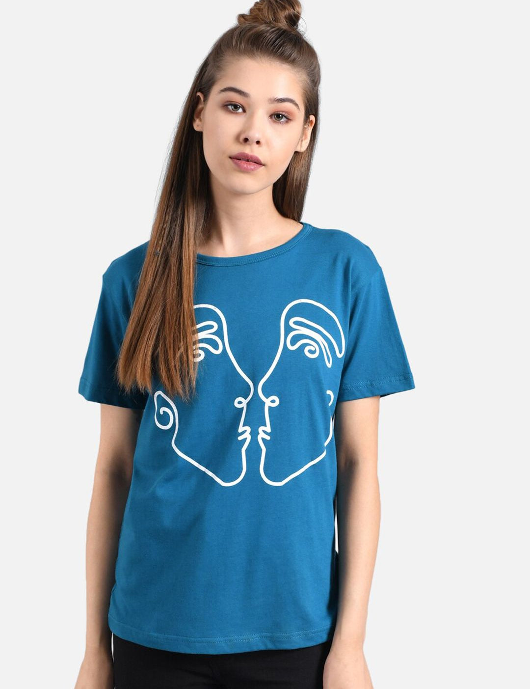 Kotty Women Blue & White Printed Round Neck T-shirt