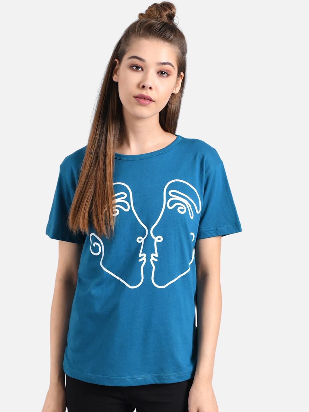 Kotty Women Blue & White Printed Round Neck T-shirt