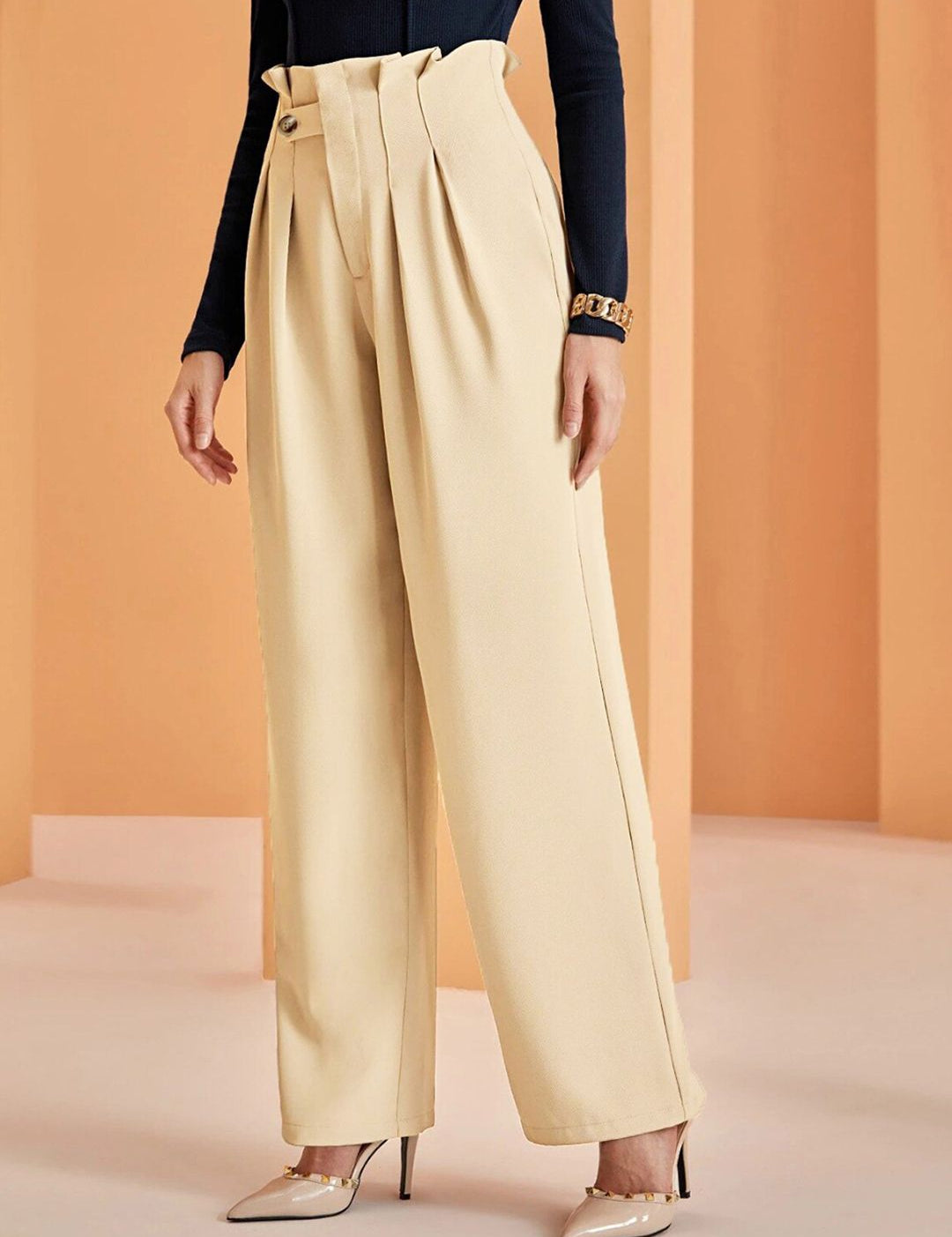 Kotty Women Relaxed Straight Leg Fit High-Rise Easy Wash Pleated Parallel Trousers  