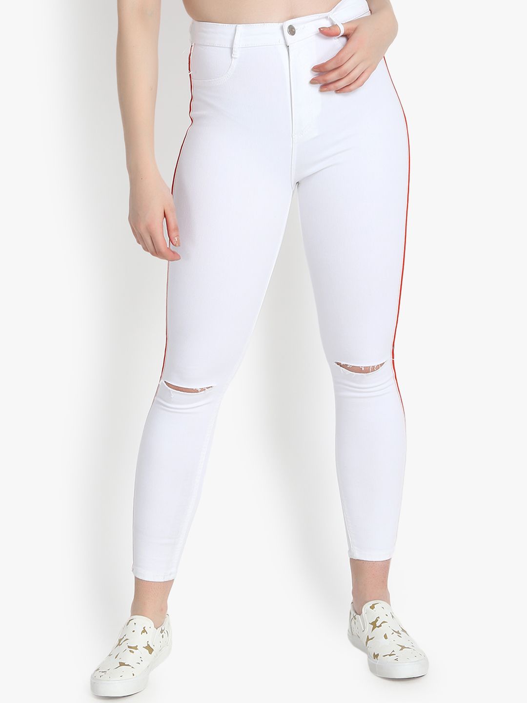Kotty Women White Skinny Fit High-Rise Slash Knee Cropped Jeans
