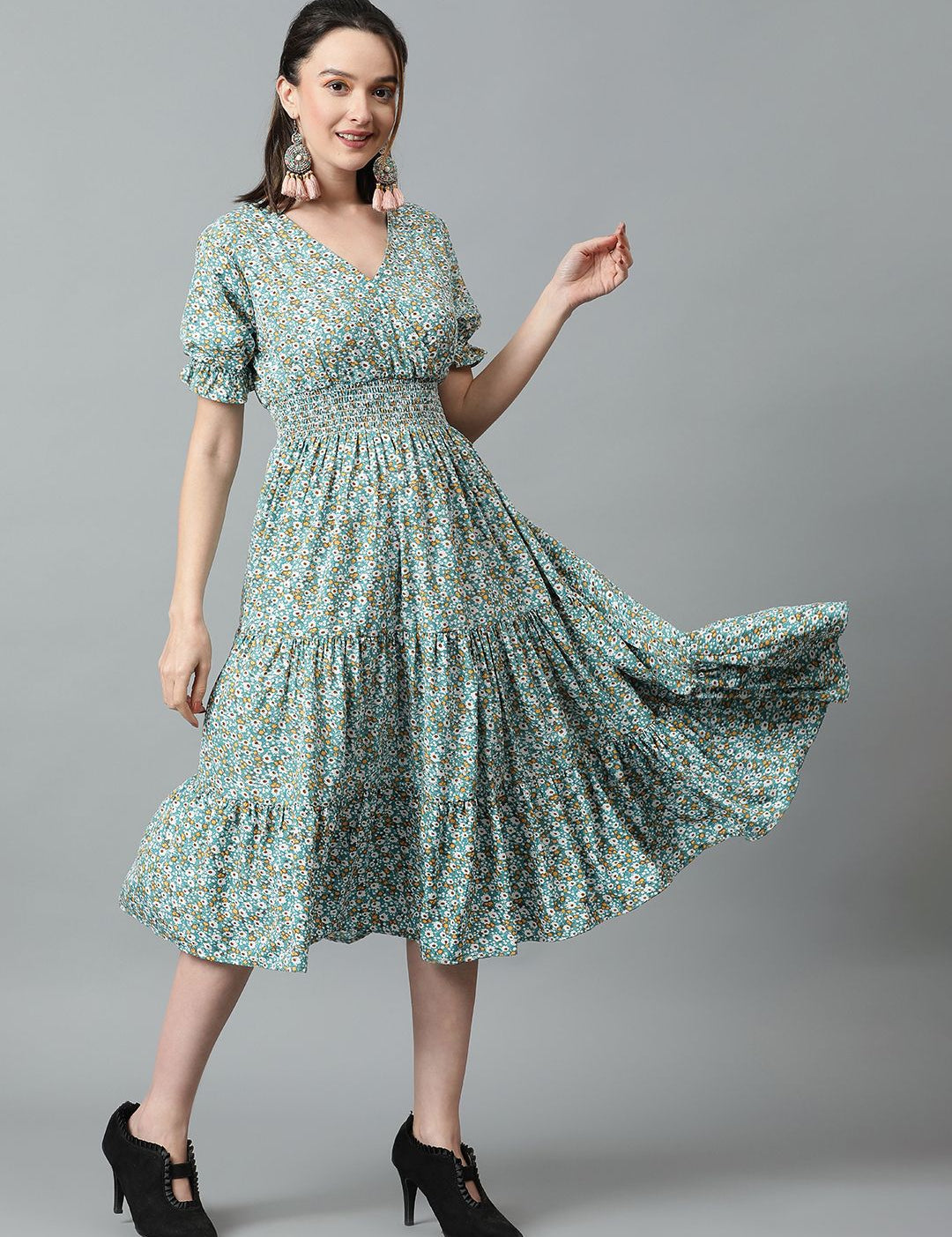 Kotty Floral Printed V-Neck Puff Sleeve Layered Crepe Fit & Flare Midi Dress