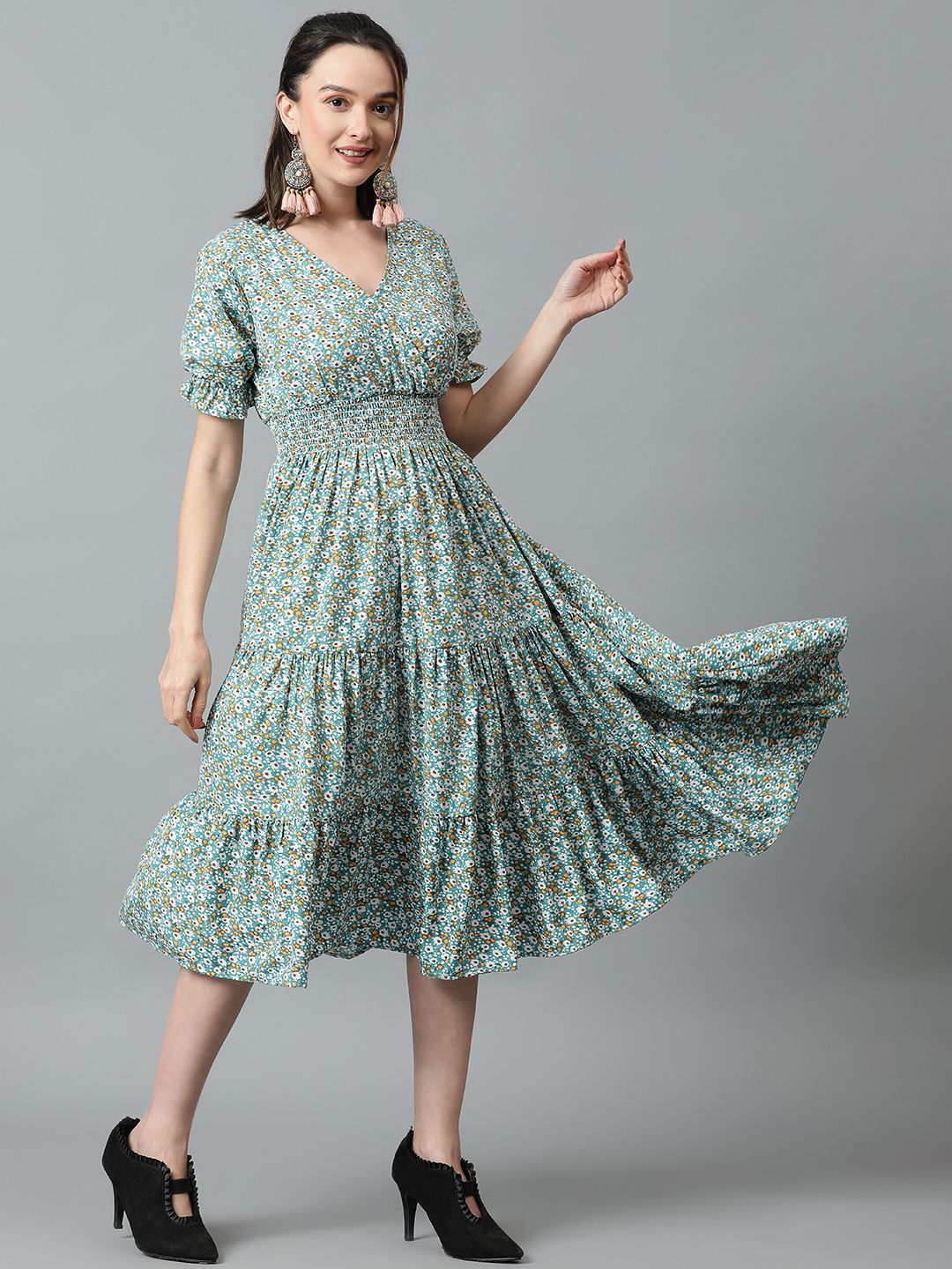 Kotty Floral Printed V-Neck Puff Sleeve Layered Crepe Fit & Flare Midi Dress