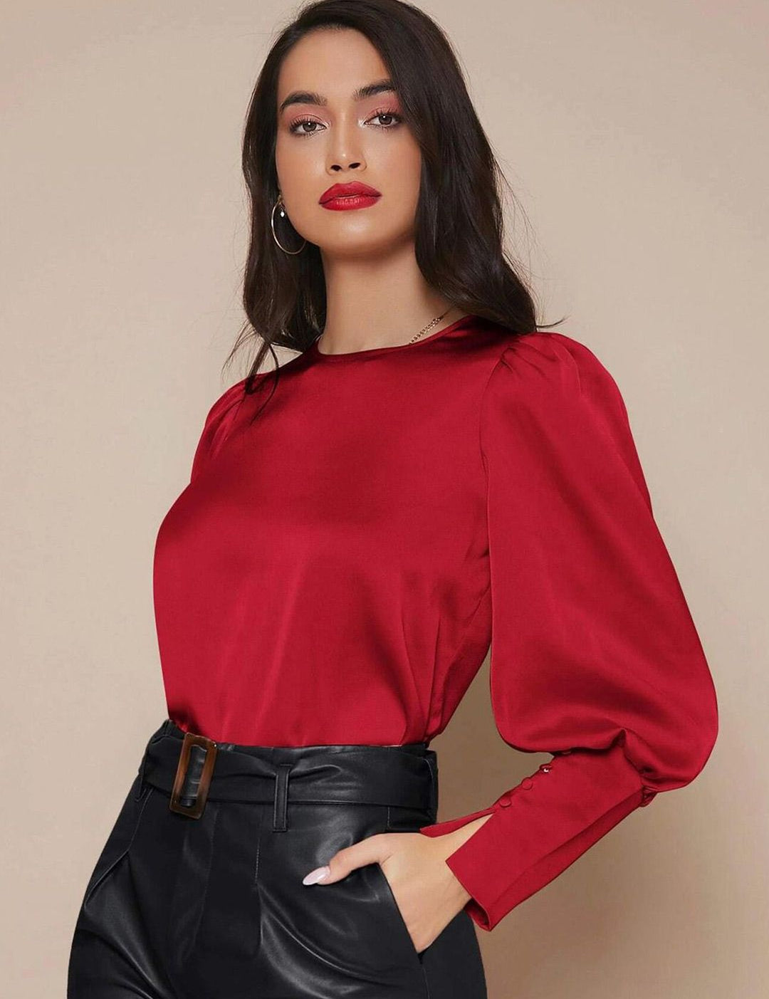 Kotty Round Neck Cuffed Sleeve Satin Top