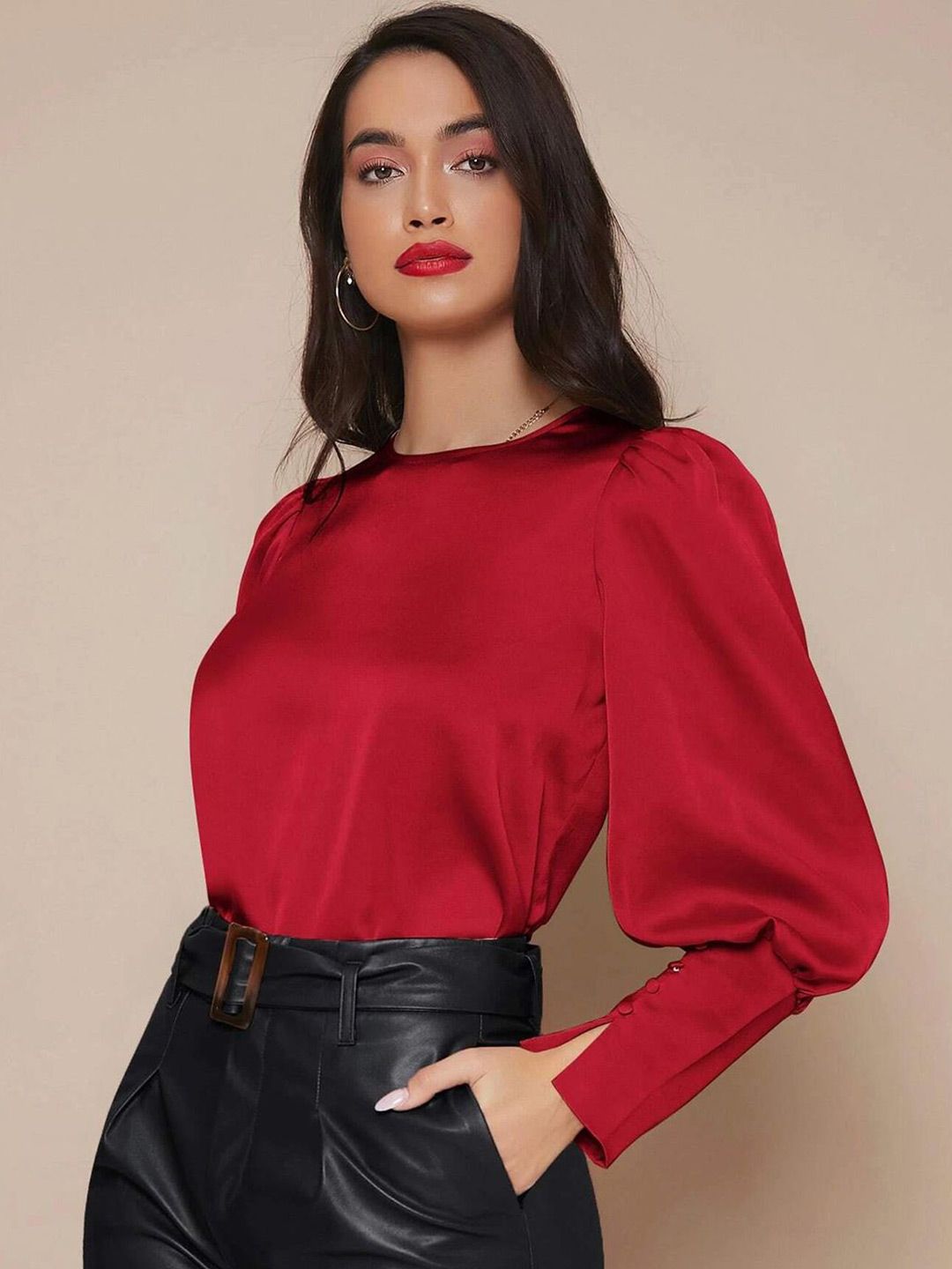 Kotty Round Neck Cuffed Sleeve Satin Top