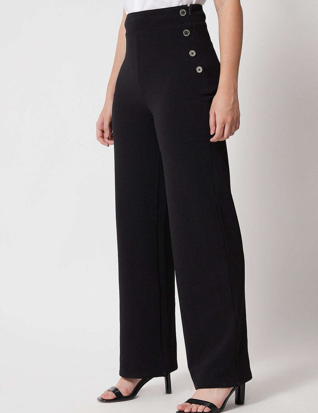 Kotty Women Black Relaxed Straight Fit High-Rise Easy Wash Trousers