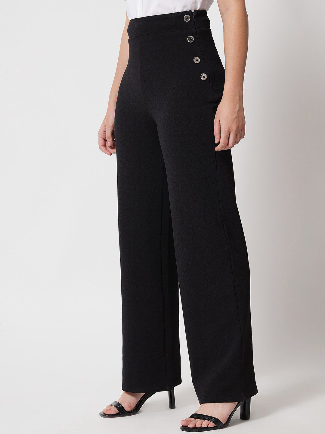 Kotty Women Black Relaxed Straight Fit High-Rise Easy Wash Trousers