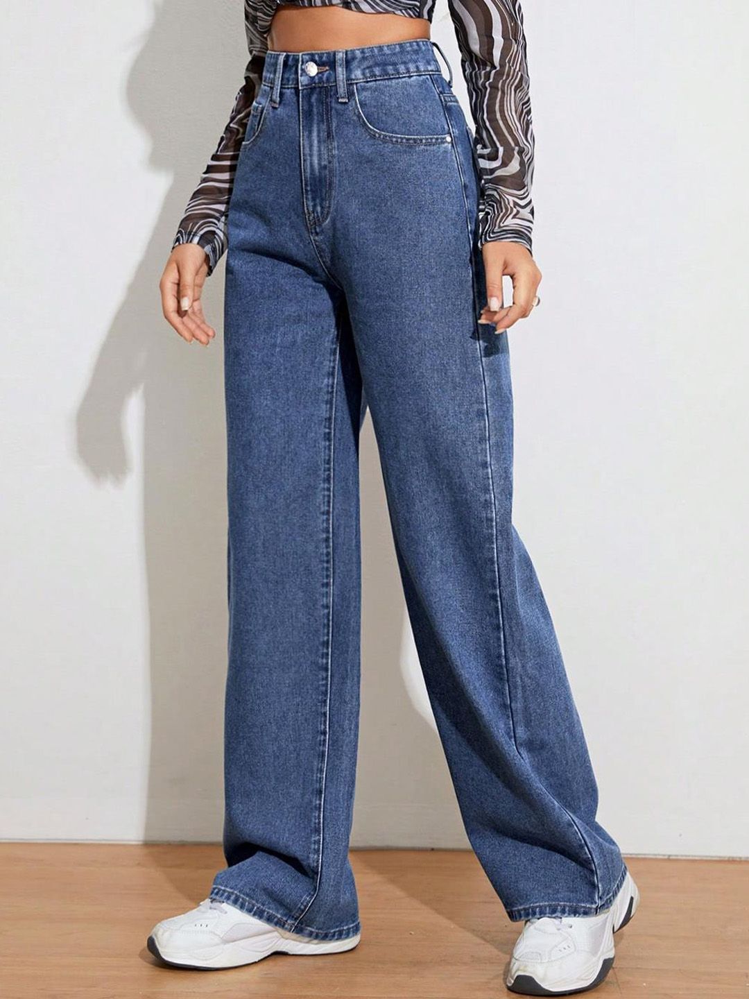 KOTTY Basics Women Blue Jean Wide Leg High-Rise Clean Look Stretchable Jeans