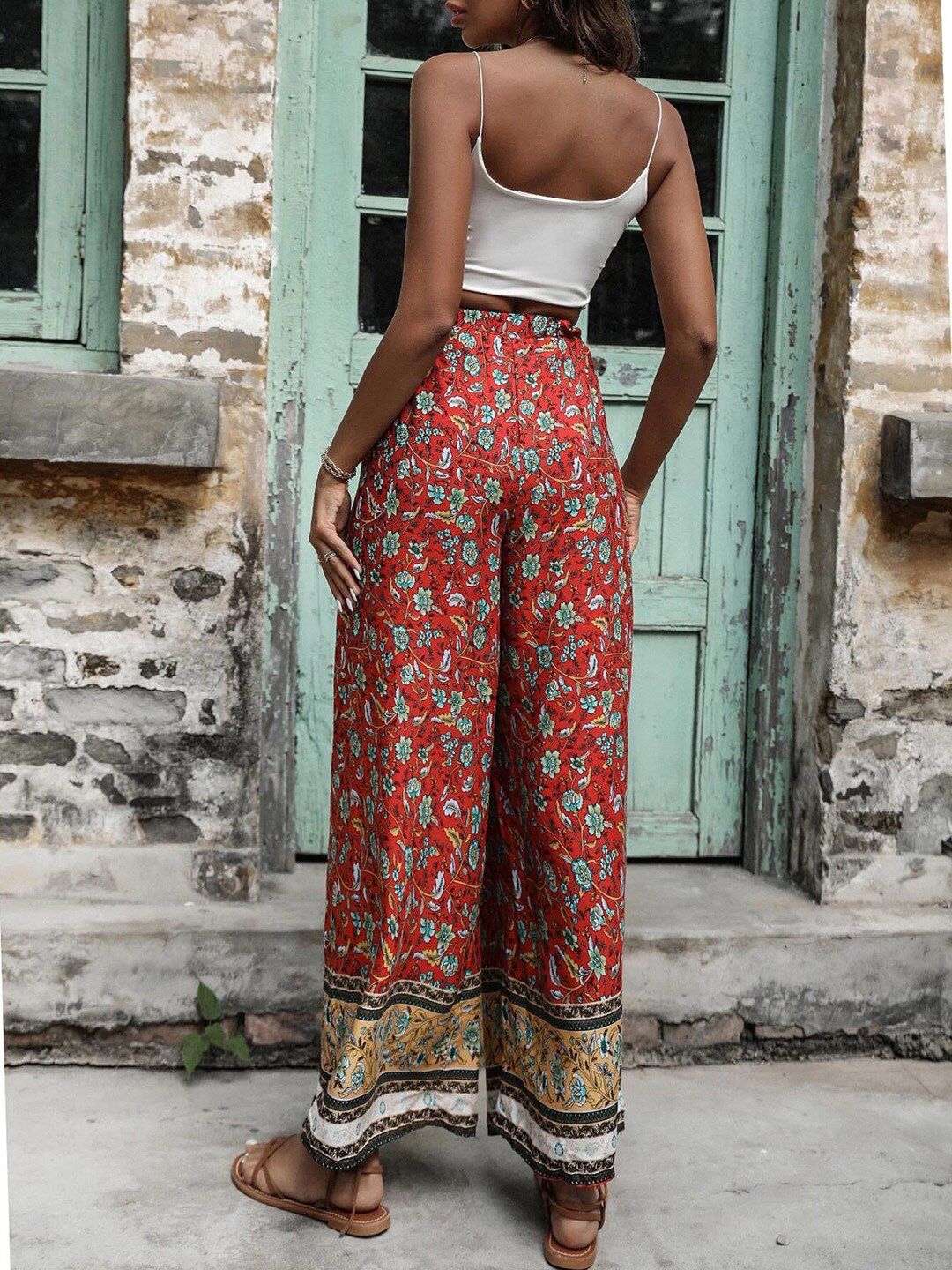 Kotty Women Multicoloured Ethnic Motifs Printed Flared High-Rise Easy Wash Trousers