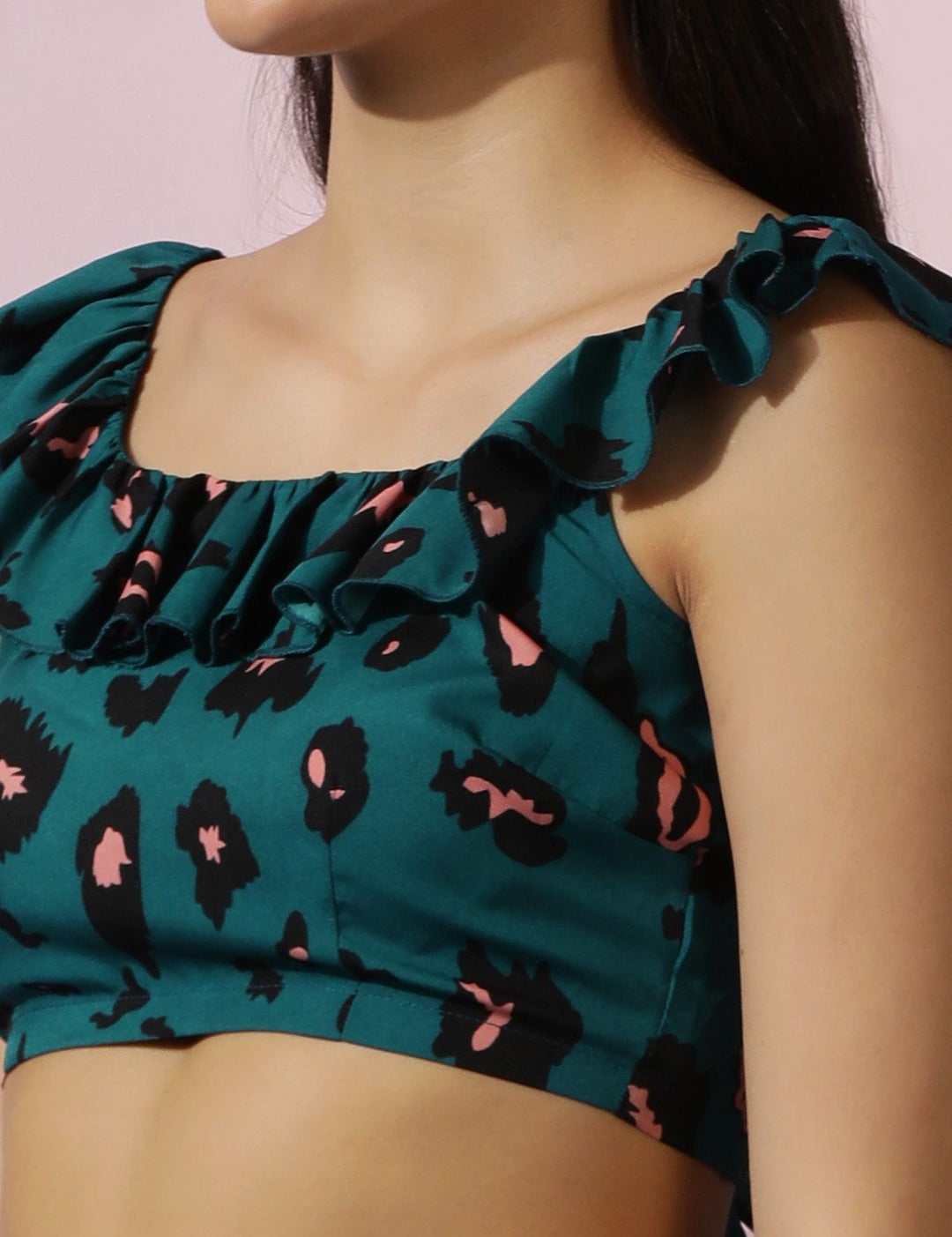 Kotty Green Floral Printed Sleeveless Top With Skirt