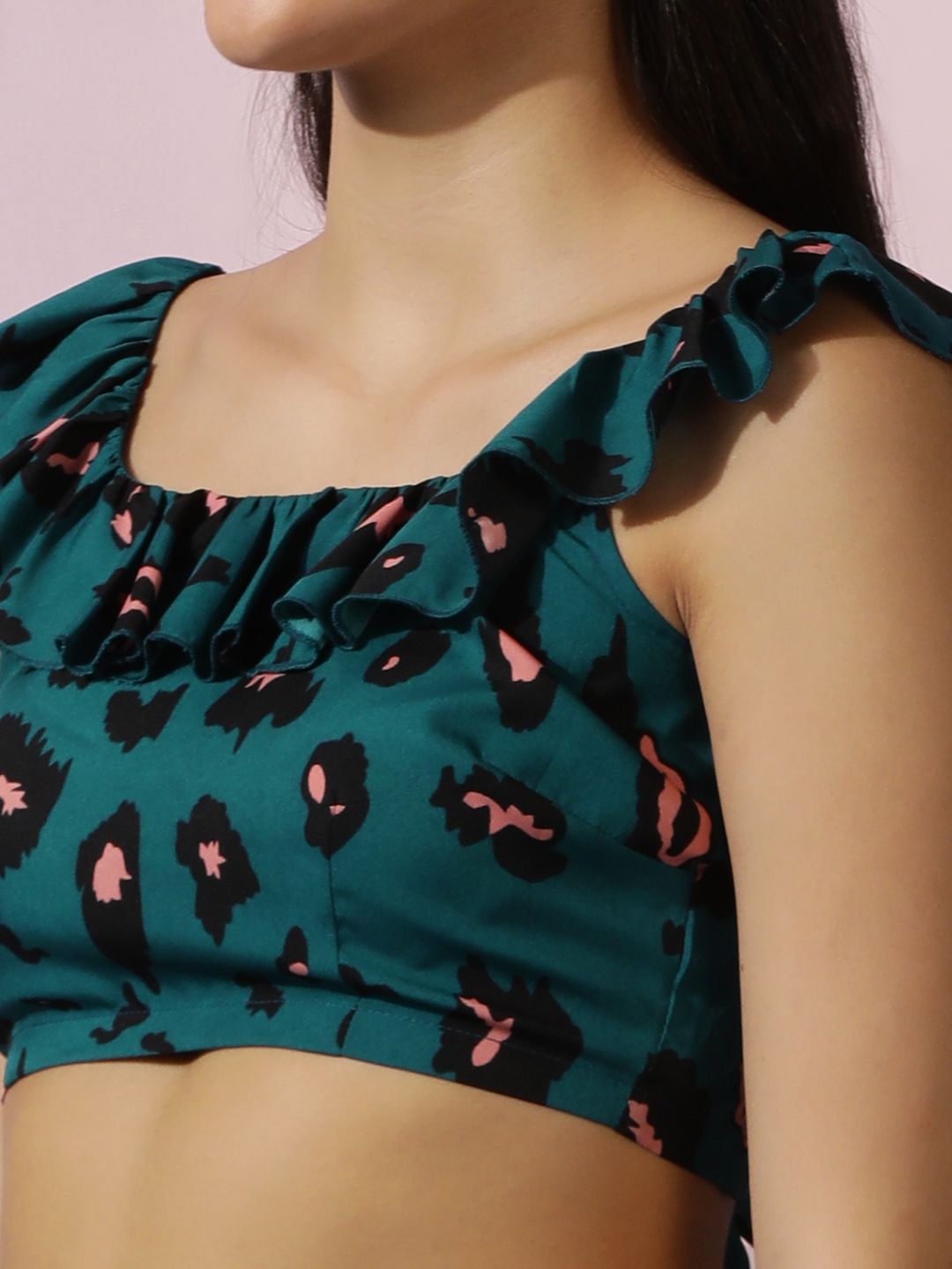 Kotty Green Floral Printed Sleeveless Top With Skirt