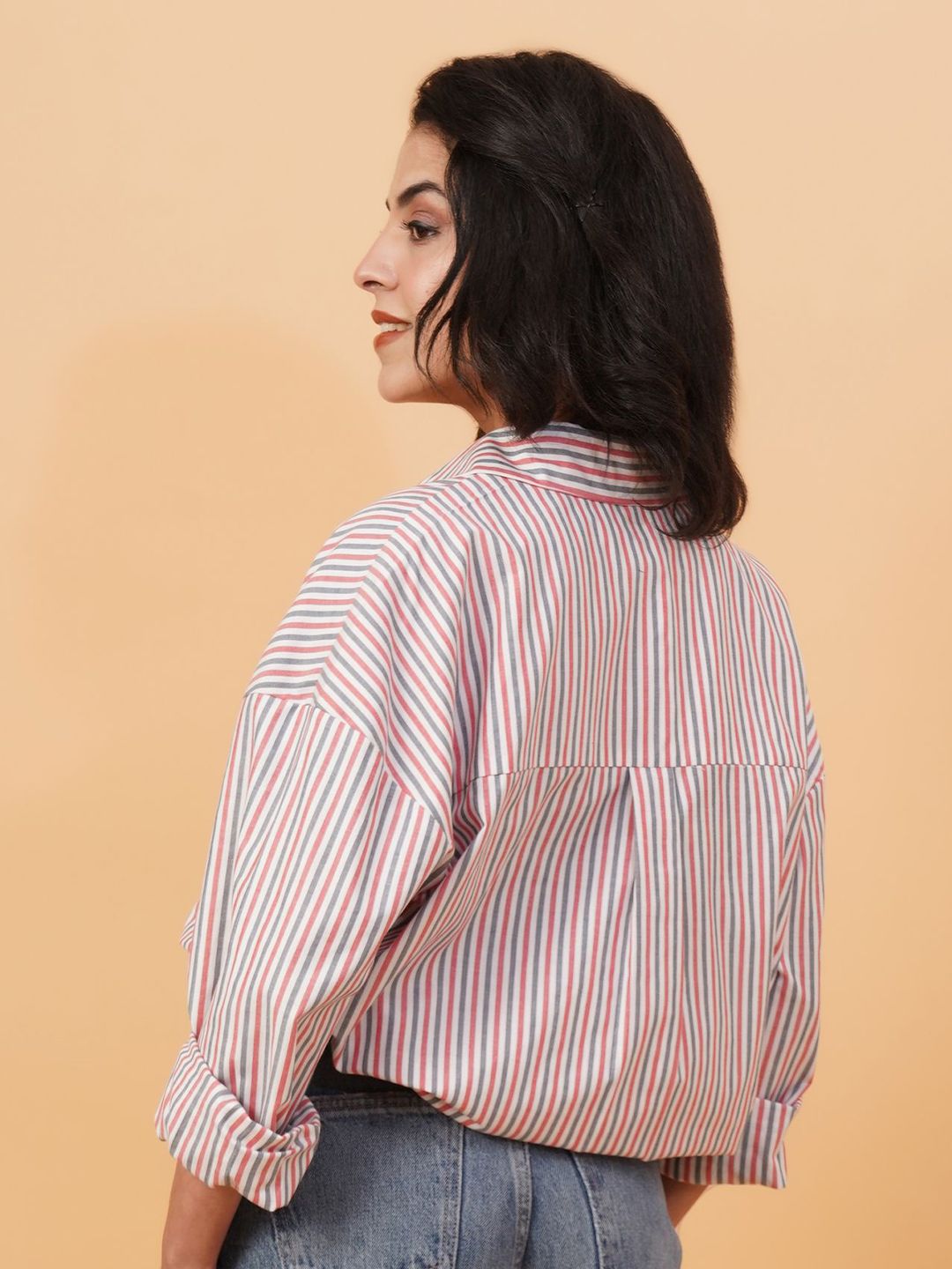 Kotty Vertical Stripes Drop-Shoulder Sleeves Longline Casual Shirt