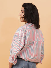 Kotty Vertical Stripes Drop-Shoulder Sleeves Longline Casual Shirt