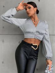 Kotty Grey V-Neck Smocked Detailed Satin Crop Top