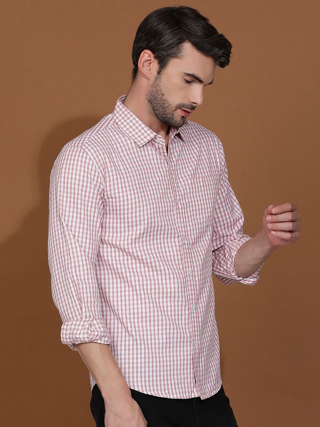 Kotty White & Red New Gingham Checks Printed Spread Collar Casual Shirt