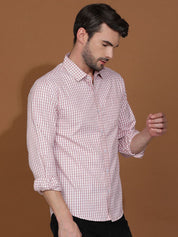 Kotty White & Red New Gingham Checks Printed Spread Collar Casual Shirt
