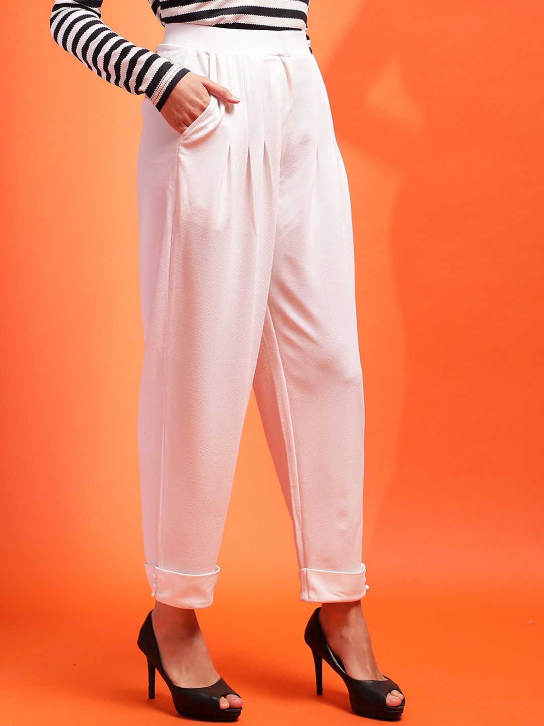 Stylecast X KOTTY BIZwear Women Relaxed Straight Leg Slim Fit High-Rise Pleated Peg Trouser