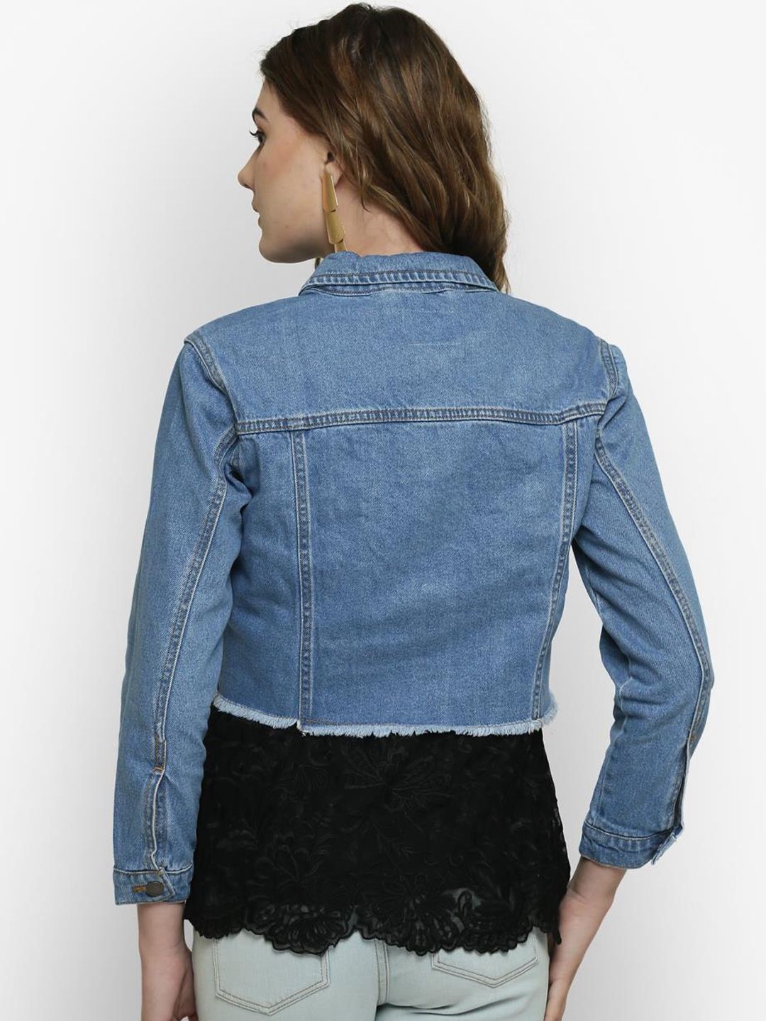 Kotty Women Blue Solid Denim Crop Jacket