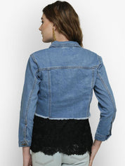 Kotty Women Blue Solid Denim Crop Jacket