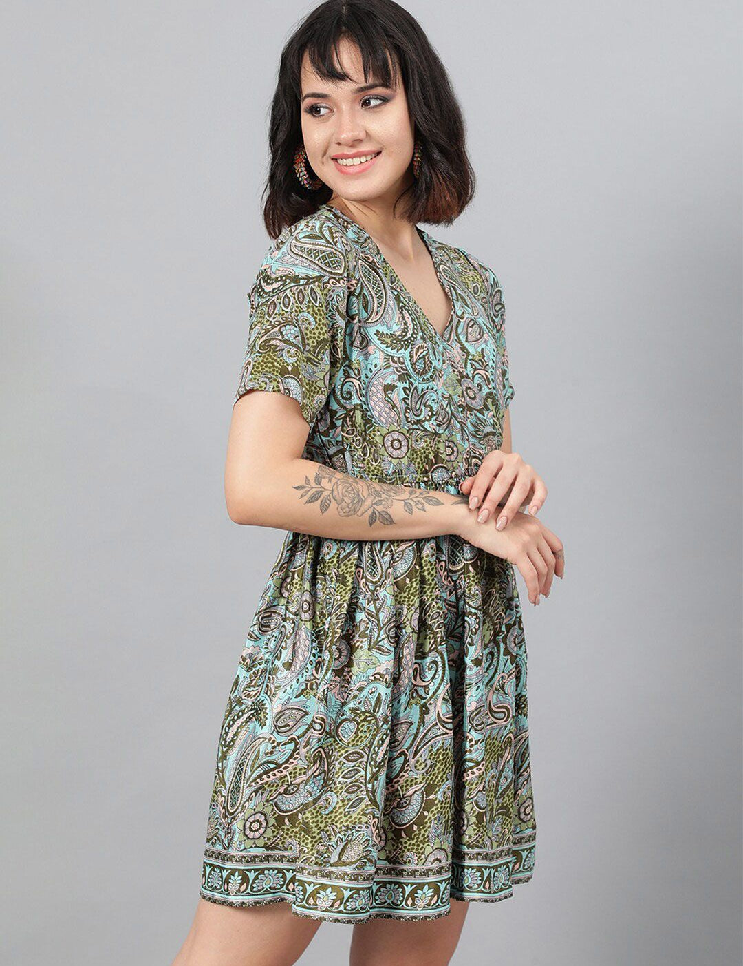 Kotty Green Ethnic Motif Printed Fit & Flare Mini Dress