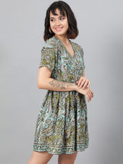 Kotty Green Ethnic Motif Printed Fit & Flare Mini Dress
