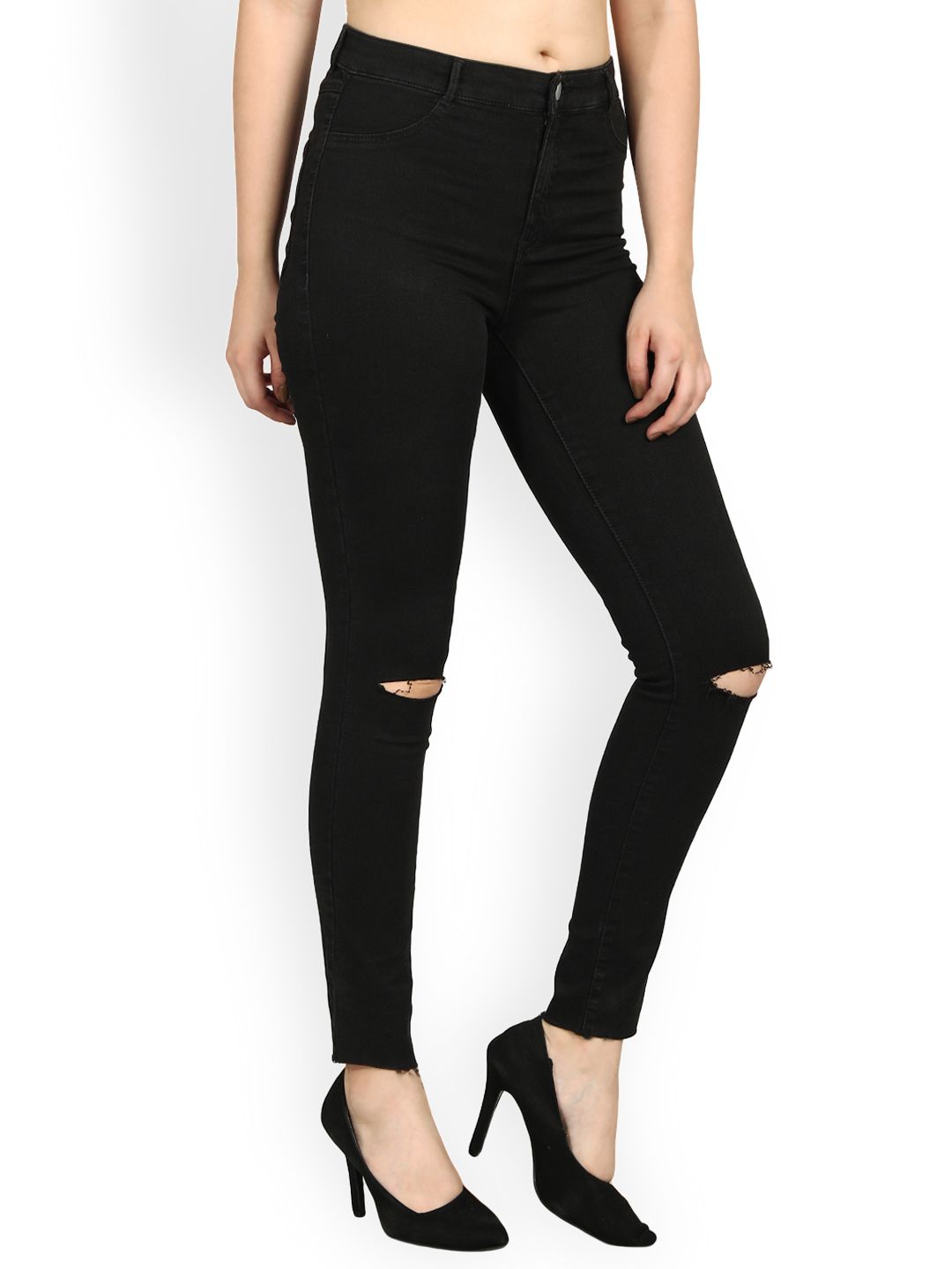 Kotty Women Black Skinny Fit High-Rise Slash Knee Jeans
