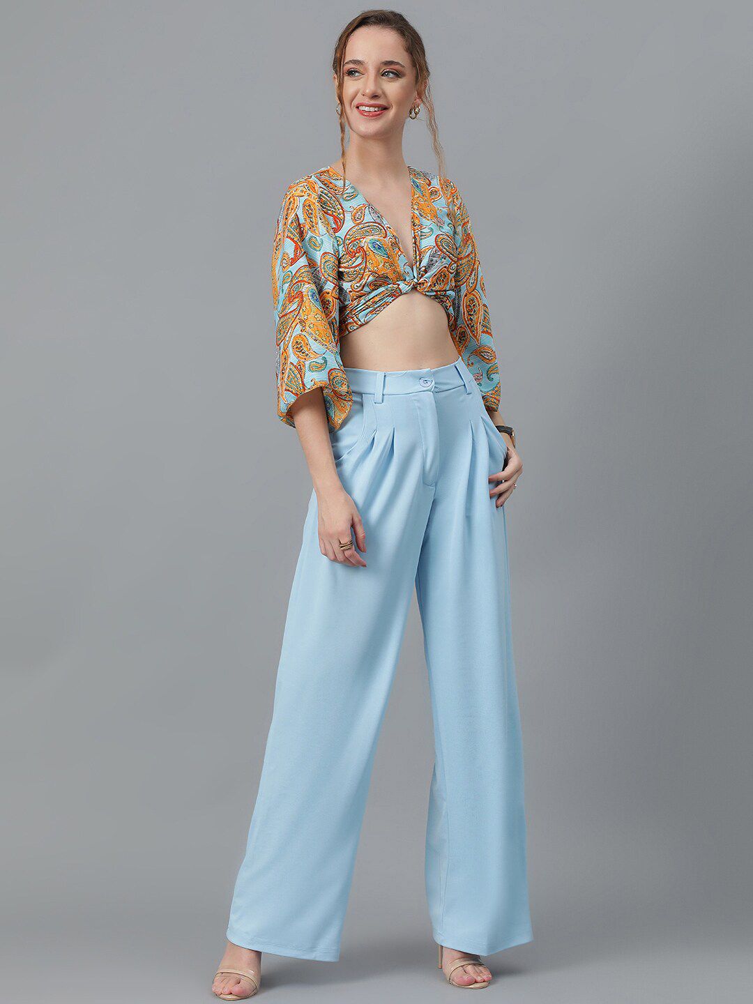 KOTTY BIZwear Women Blue Relaxed Straight Leg High-Rise Easy Wash Parallel Trousers