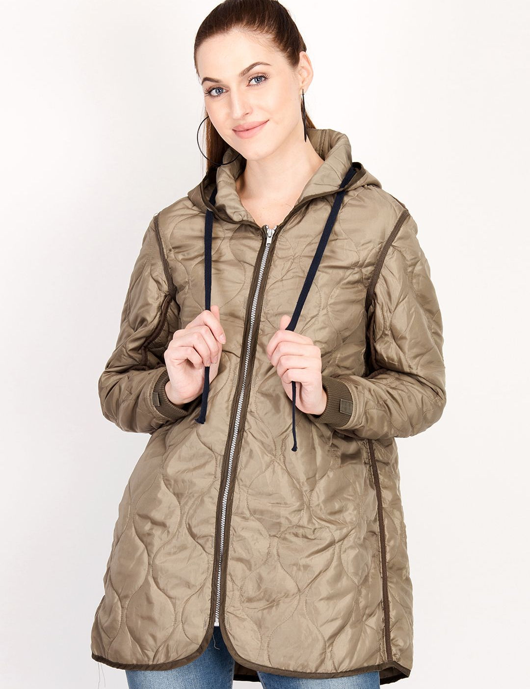 Kotty Women Brown Solid Insulator Longline Padded Jacket