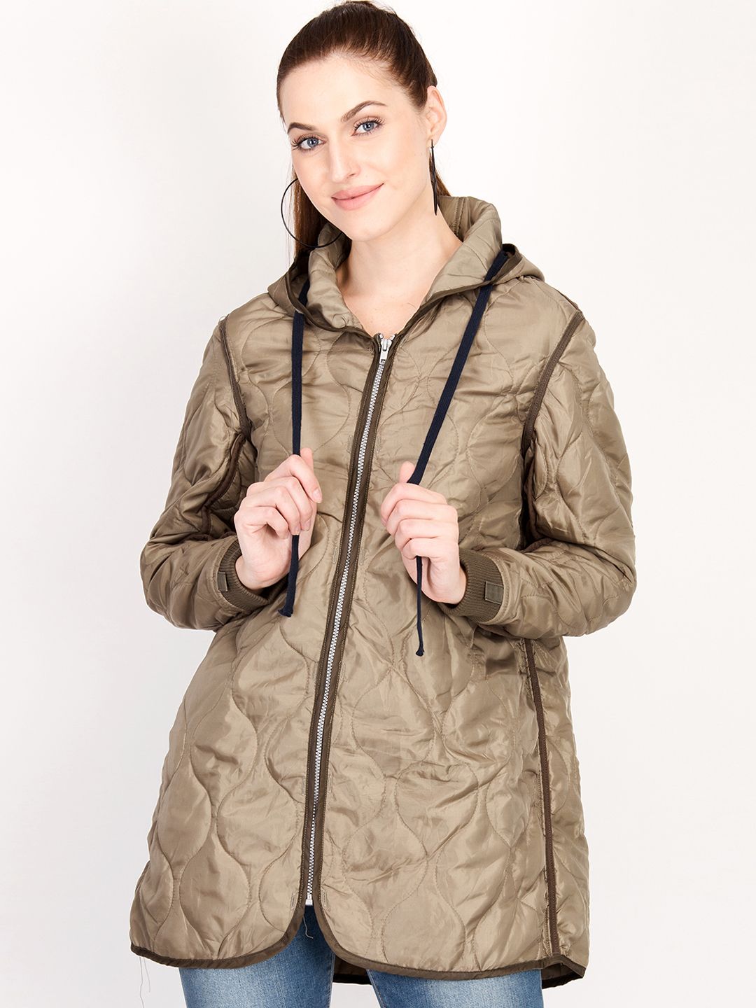Kotty Women Brown Solid Insulator Longline Padded Jacket