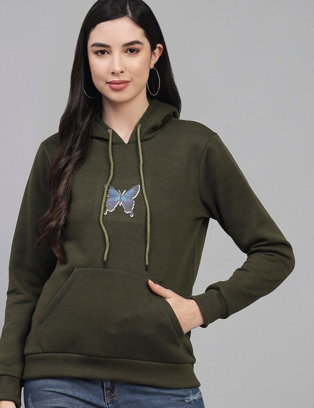 Kotty Women Olive Green Printed Hooded Sweatshirt